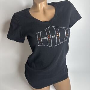 Harley Davidson Bling Tee L Black Las Vegas Rhinestone Logo USA Y2K Biker Babe